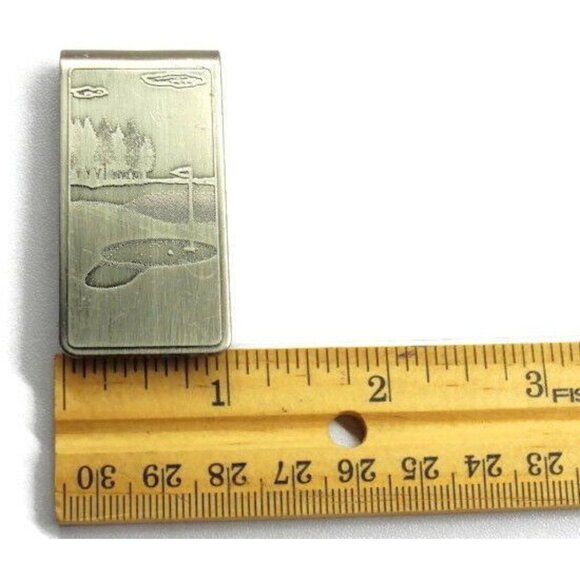 Etched Golf Course Photo Silver T Cash Holder Wallet Card ID Vintage Money Clip - Picture 3 of 5